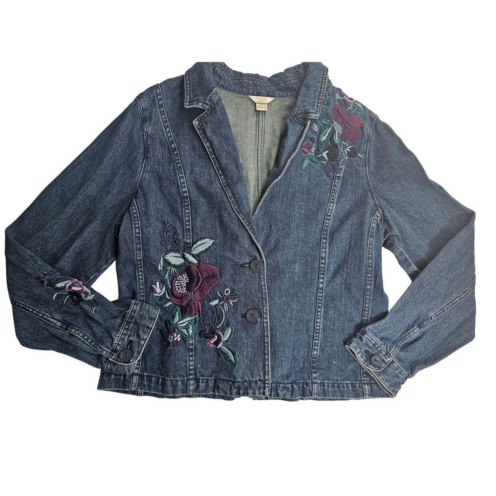 Christopher & Banks‎ Womens Denim Jacket Embroidered Flowers Blue Size L - Picture 3 of 9